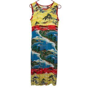Vintage Clio Dressing Sleeveless Rayon Maxi Dress With Scenic Print Yellow/Blue/
